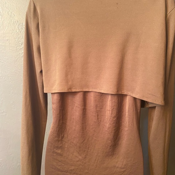 Zara tan/brown asymmetrical hem multi layer wide neck long sleeve shirt - Picture 8 of 16